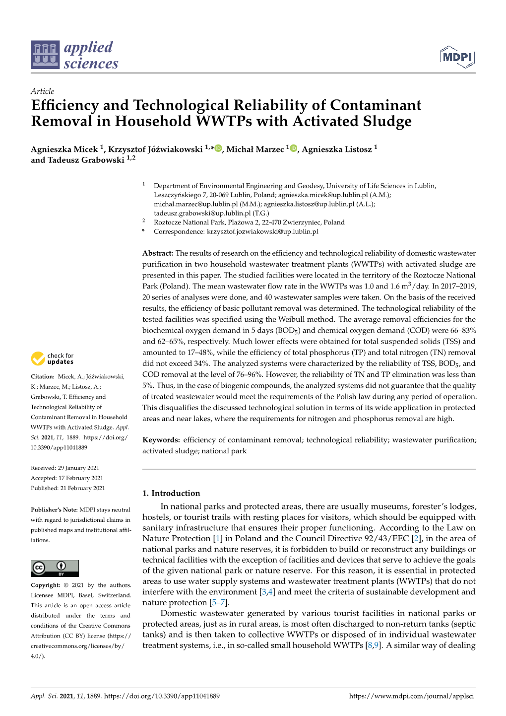 Efficiency and Technological Reliability of Contaminant Removal