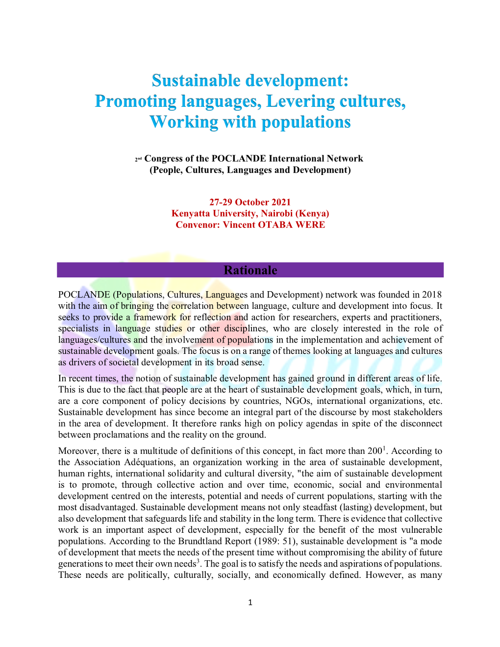 Sustainable Development: Promoting Languages, Levering Cultures, Working with Populations