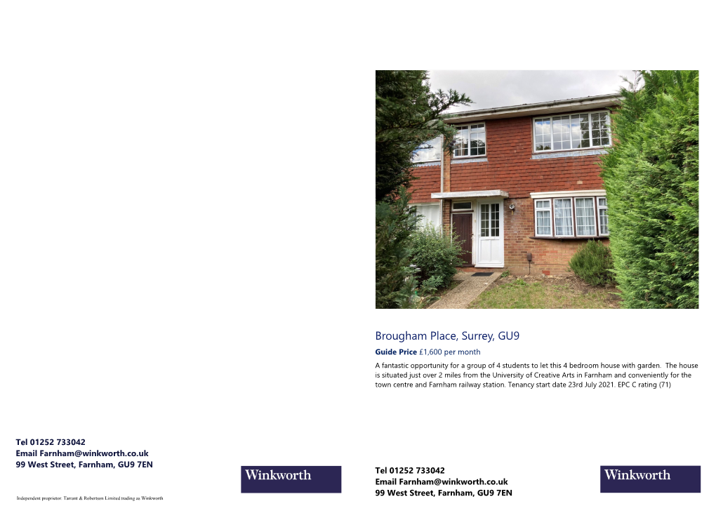 Brougham Place, Surrey, GU9 Guide Price £1,600 Per Month a Fantastic Opportunity for a Group of 4 Students to Let This 4 Bedroom House with Garden