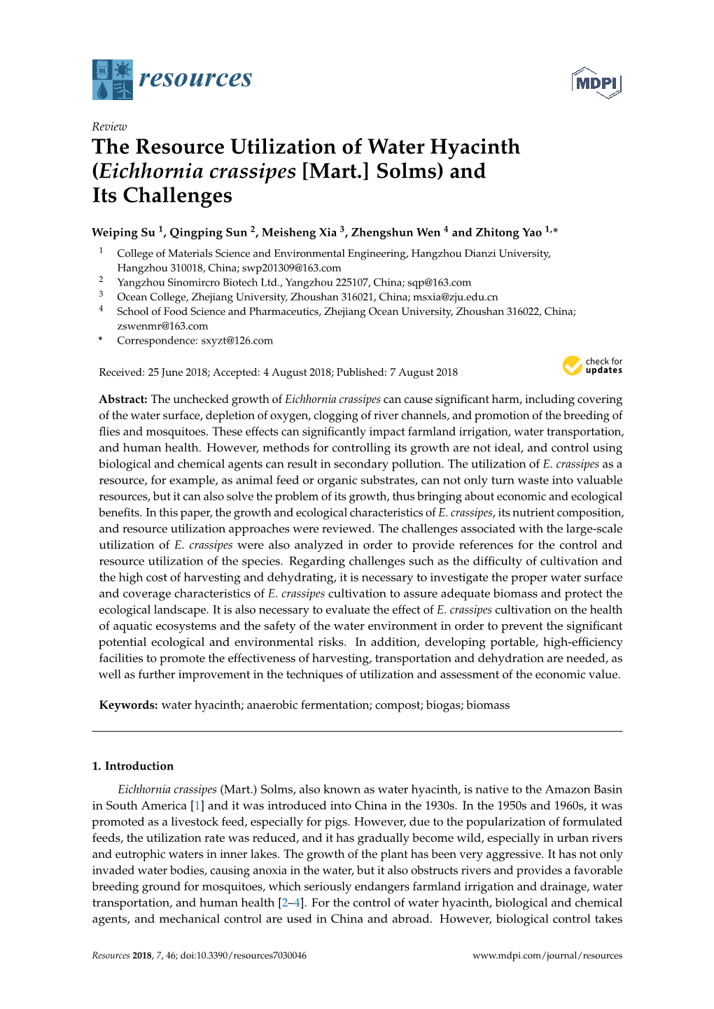 The Resource Utilization of Water Hyacinth (Eichhornia Crassipes [Mart.] Solms) and Its Challenges