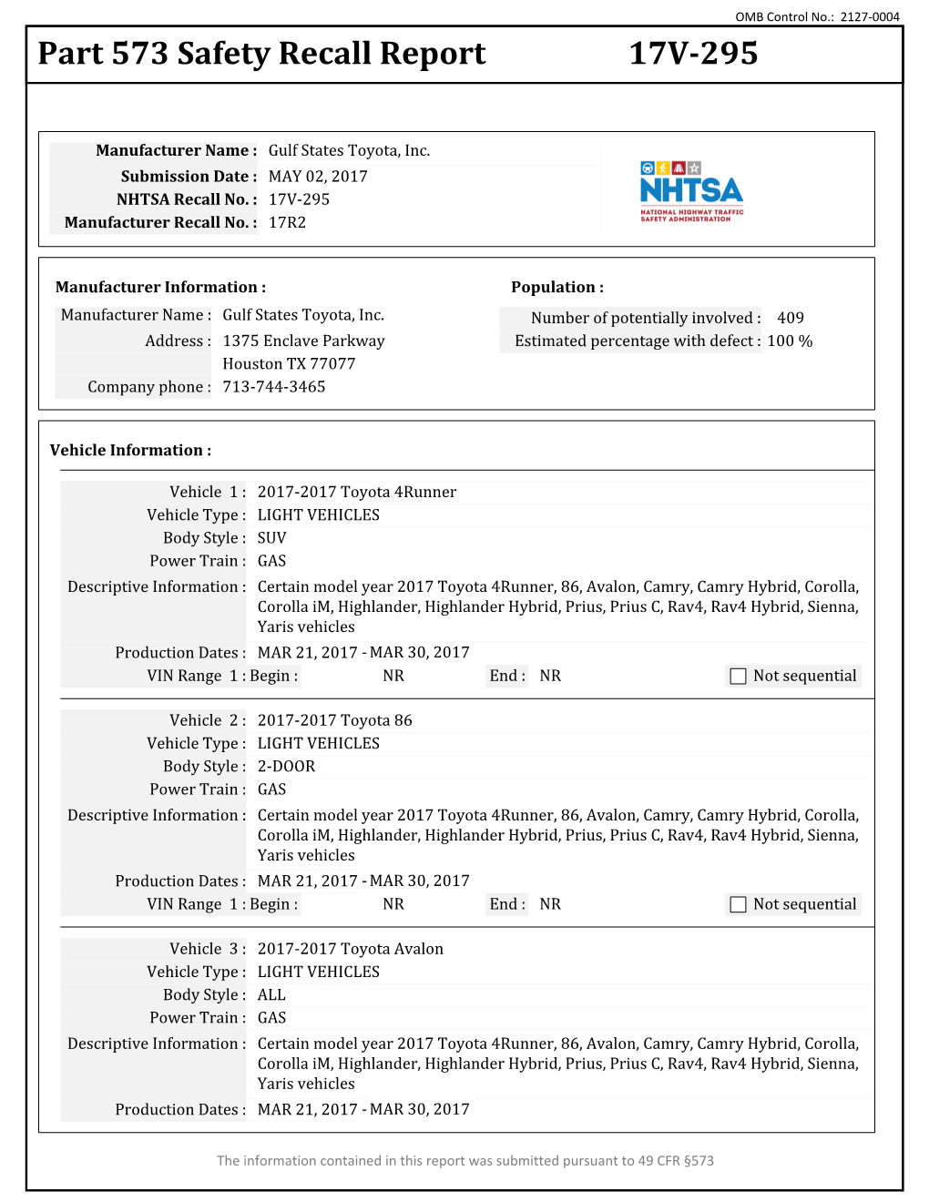 Part 573 Safety Recall Report 17V-295
