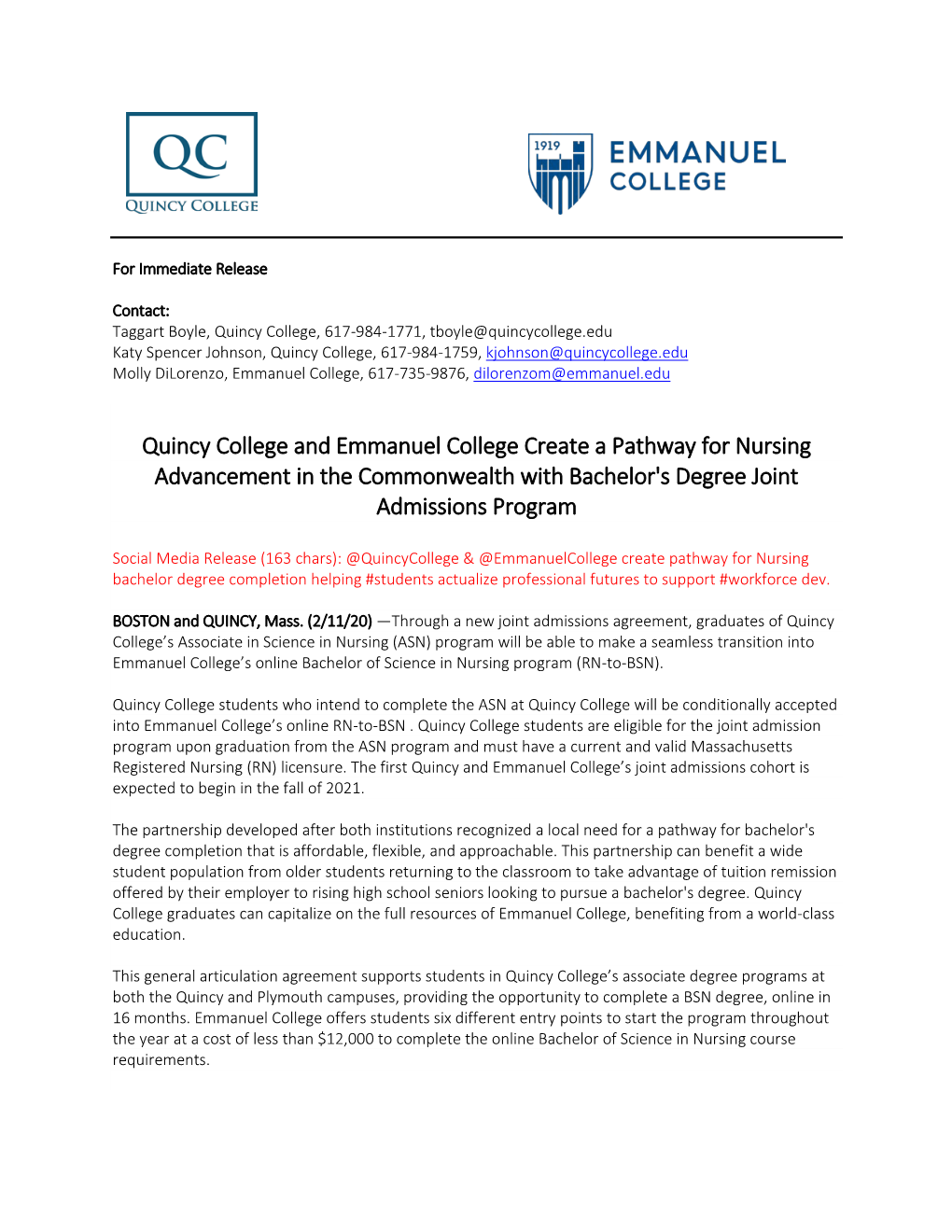 Quincy College and Emmanuel College Create a Pathway for Nursing Advancement in the Commonwealth with Bachelor's Degree Joint Admissions Program