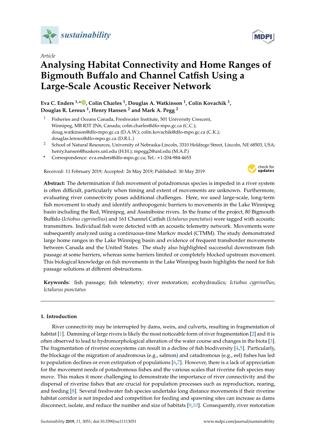 Analysing Habitat Connectivity and Home Ranges of Bigmouth Buffalo and Channel Catfish Using a Large-Scale Acoustic Receiver