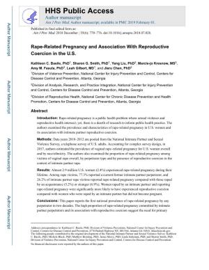 Rape-Related Pregnancy and Association with Reproductive Coercion in the U.S