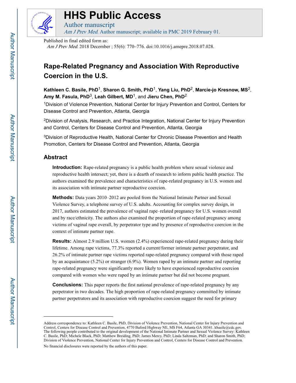 Rape-Related Pregnancy and Association with Reproductive Coercion in the U.S