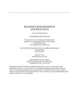 Religious Requirements and Practices of Certain Selected Groups: a Handbook for Chaplains