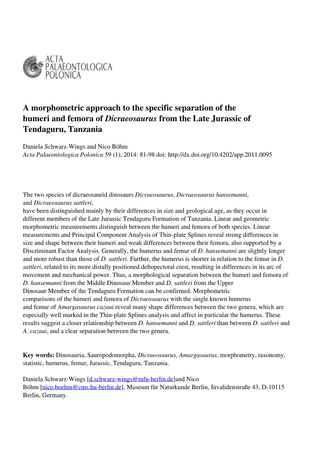 A Morphometric Approach to the Specific Separation of the Humeri and Femora of Dicraeosaurus from the Late Jurassic of Tendaguru, Tanzania