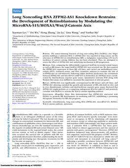 Long Noncoding RNA ZFPM2-AS1 Knockdown Restrains the Development of Retinoblastoma by Modulating the Microrna-515/HOXA1/Wnt/Β-Catenin Axis