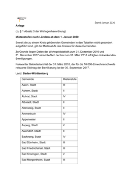 Mietenstufen Nach Ländern Ab Dem 1. Januar 2020 Soweit