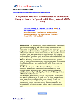 Comparative Analysis of the Development of Multicultural Library Services in the Spanish Public Library Network (2007- 2010)