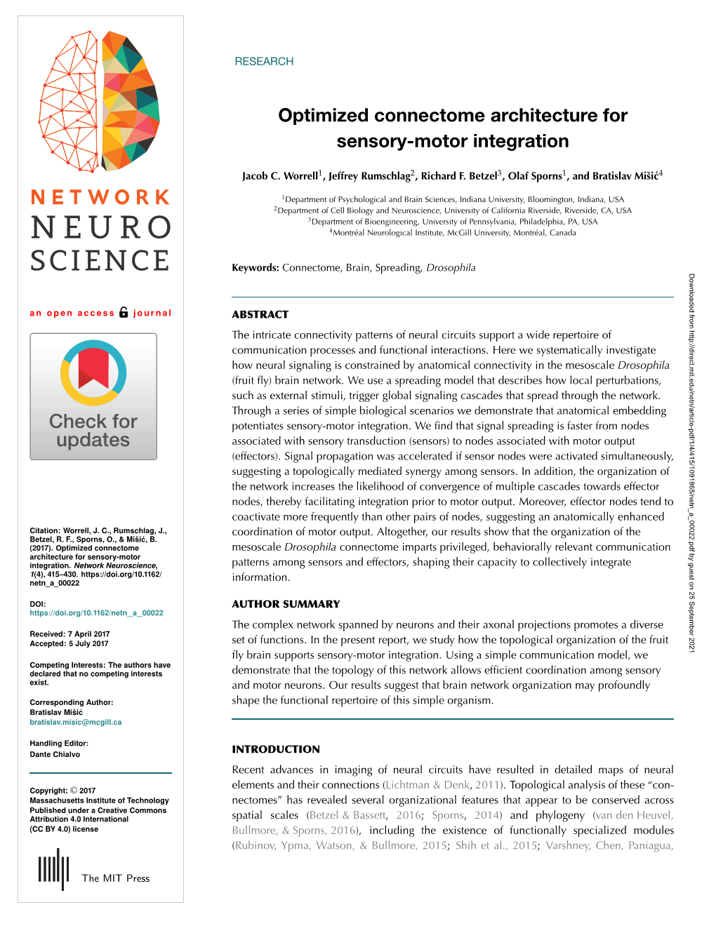 Optimized Connectome Architecture for Sensory-Motor Integration