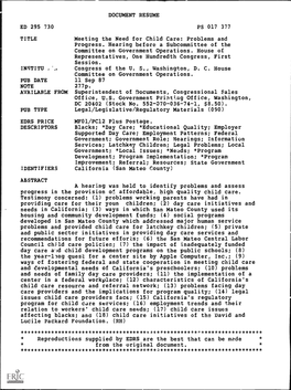 Meeting the Need for Child Care: Problems and Progress. Hearing Before a Subcommittee of the Committee on Government Operations