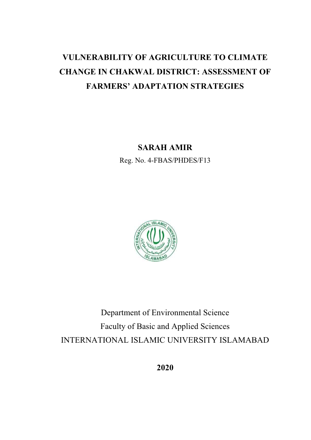 Vulnerability of Agriculture to Climate Change in Chakwal District: Assessment of Farmers’ Adaptation Strategies