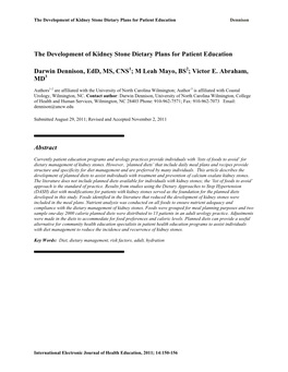 The Development of Kidney Stone Dietary Plans for Patient Education Dennison