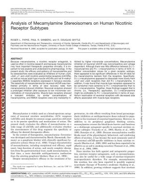 Analysis of Mecamylamine Stereoisomers on Human Nicotinic Receptor Subtypes