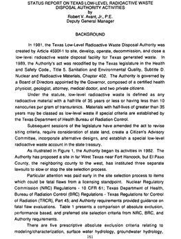 STATUS REPORT on TEXAS LOW-LEVEL RADIOACTIVE WASTE DISPOSAL AUTHORITY ACTIVITIES by Robert V