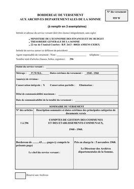 Bordereau De Versement Aux Archives Departementales De La Somme 959 W
