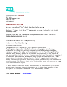 FOR IMMEDIATE RELEASE Vermont International Film Festival - May Monthly Screening