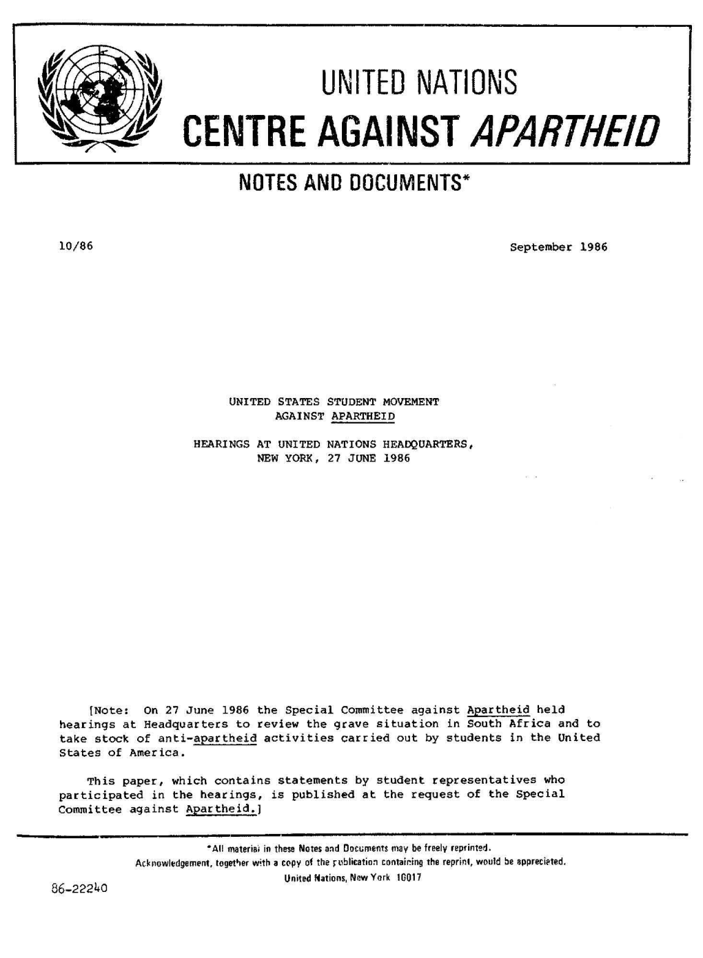 Centre Against Apartheid Notes Ano Oocuments*