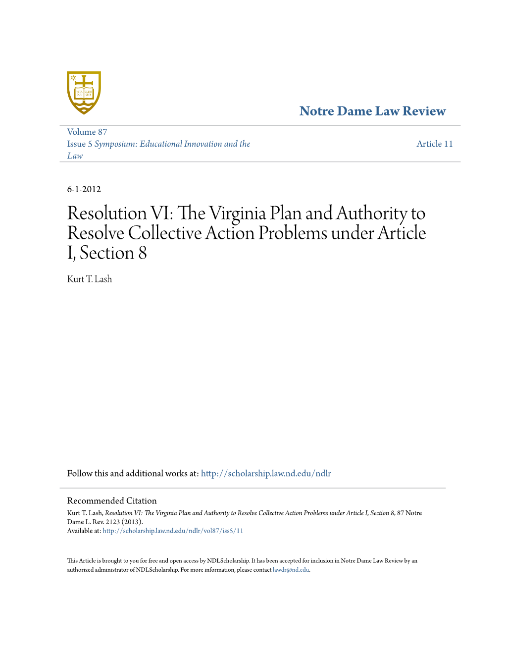 Resolution VI: the Virginia Plan and Authority to Resolve Collective Action Problems Under Article I, Section 8, 87 Notre Dame L