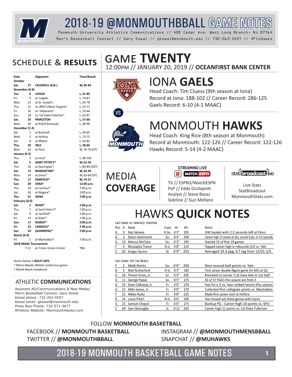 Game TWENTY Results 12:00Pm // JANUARY 20, 2019 // OCEANFIRST BANK CENTER