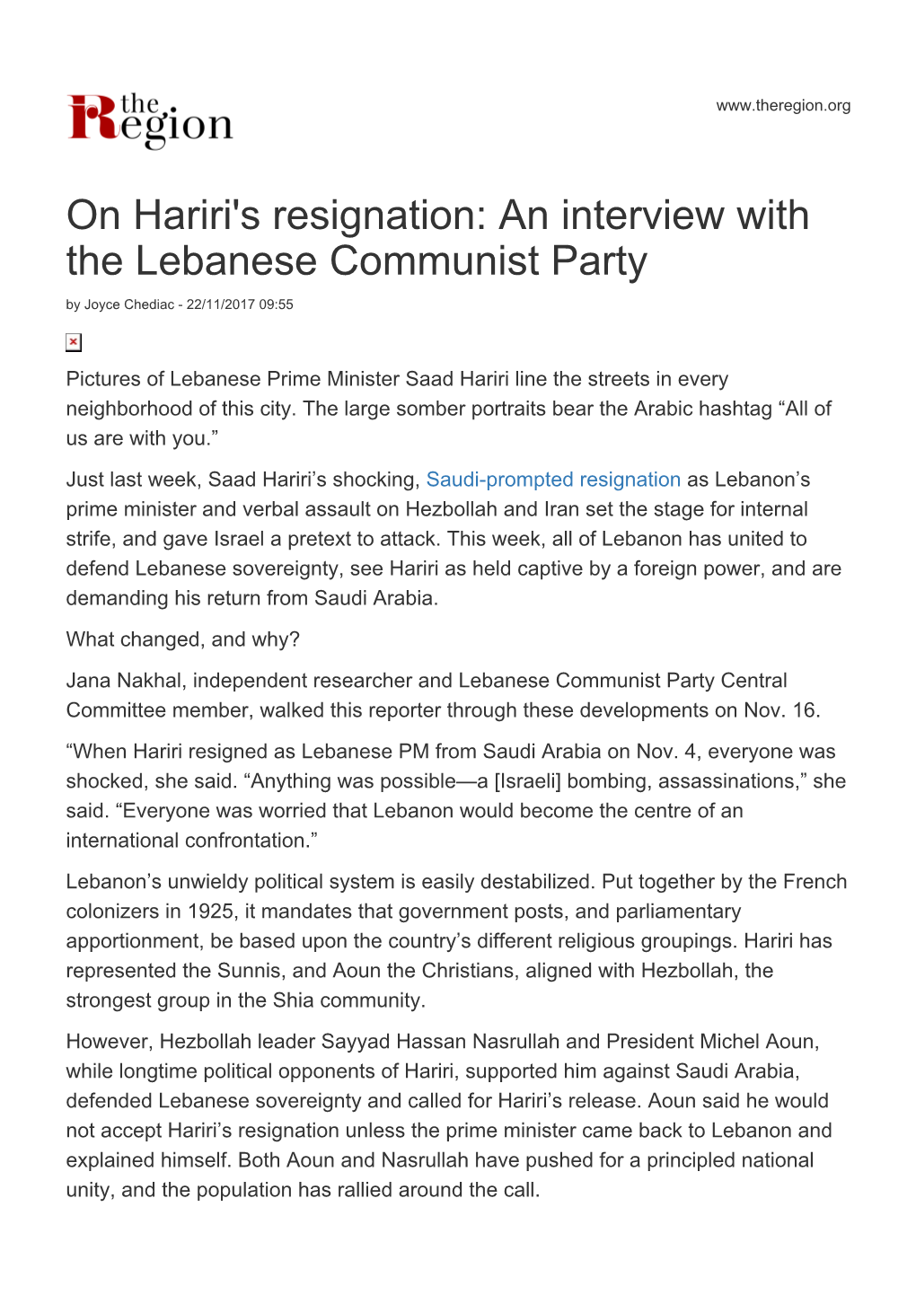 On Hariri's Resignation: an Interview with the Lebanese Communist Party by Joyce Chediac - 22/11/2017 09:55