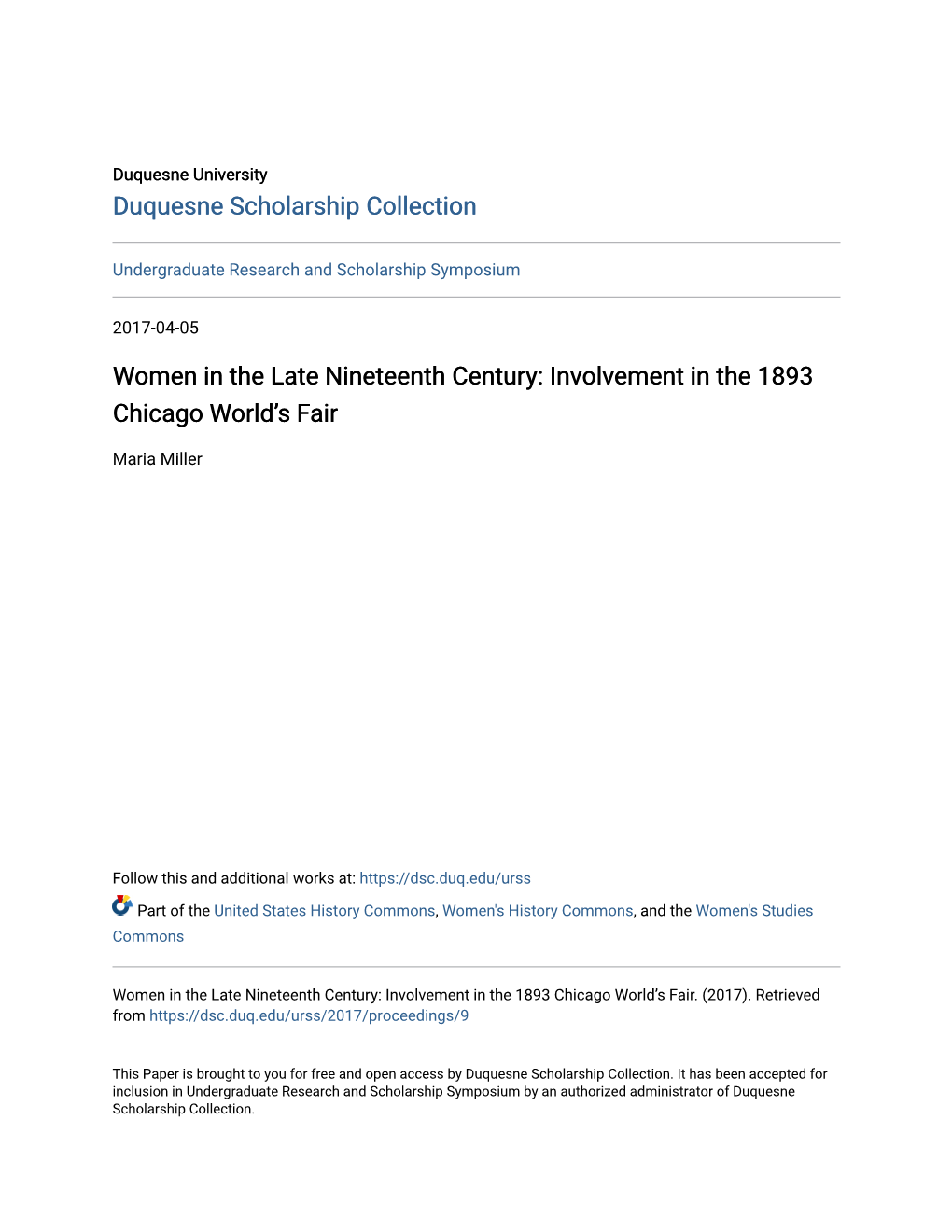 Women in the Late Nineteenth Century: Involvement in the 1893 Chicago World’S Fair