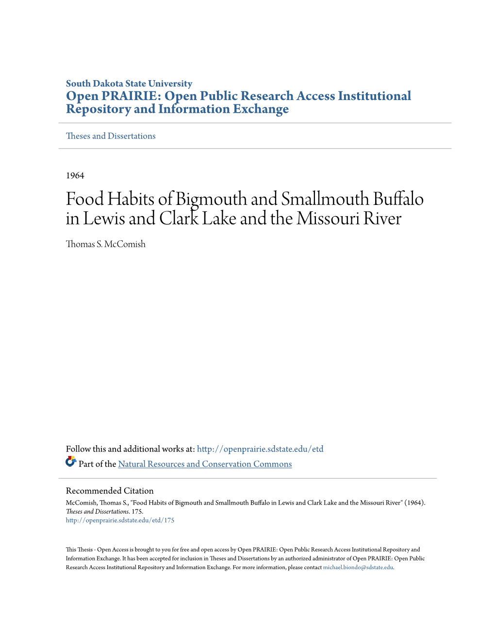 Food Habits of Bigmouth and Smallmouth Buffalo in Lewis and Clark Lake and the Missouri River Thomas S