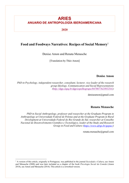 Food and Foodways Narratives: Recipes of Social Memory1