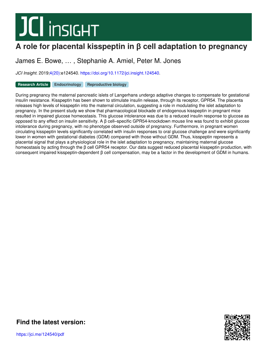 A Role for Placental Kisspeptin in Β Cell Adaptation to Pregnancy