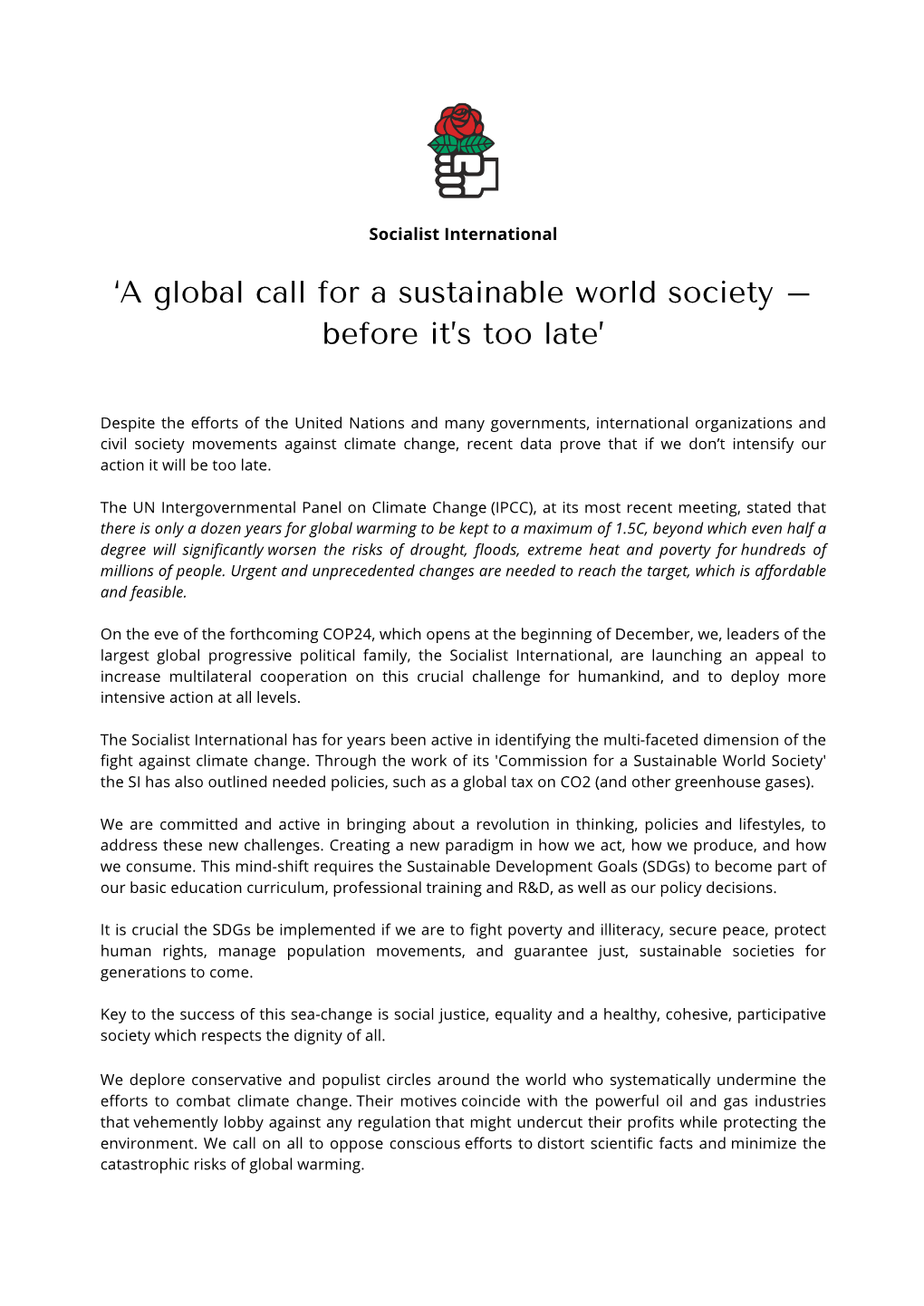 'A Global Call for a Sustainable World Society – Before It's Too Late'