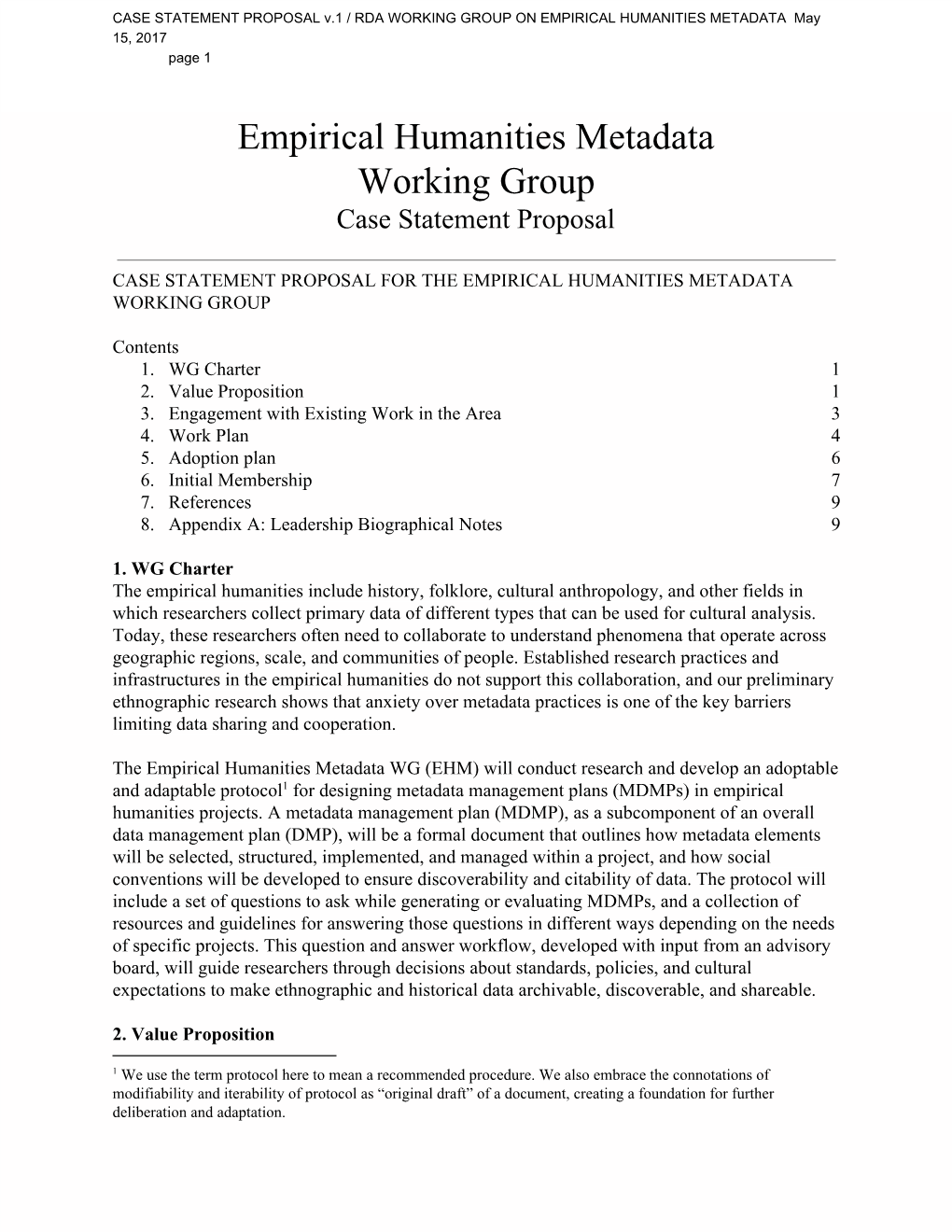 Empirical Humanities Metadata Working Group Case Statement Proposal