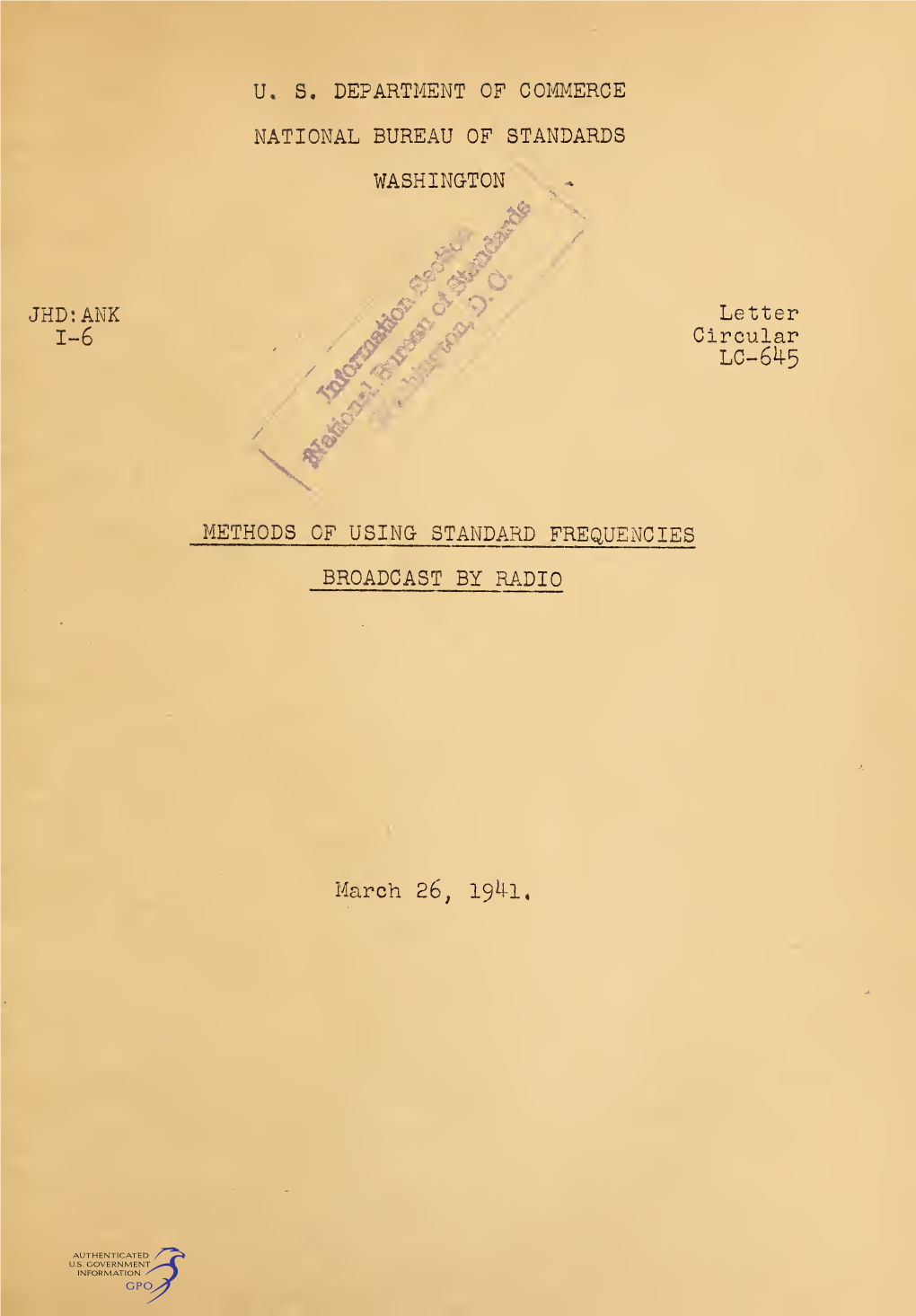 Letter Circular 645: Methods of Using Standard Frequencies Broadcast by Radio