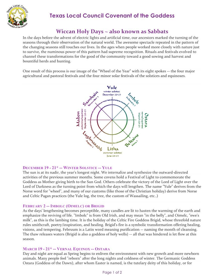 Texas Local Council Covenant of the Goddess Wiccan Holy Days