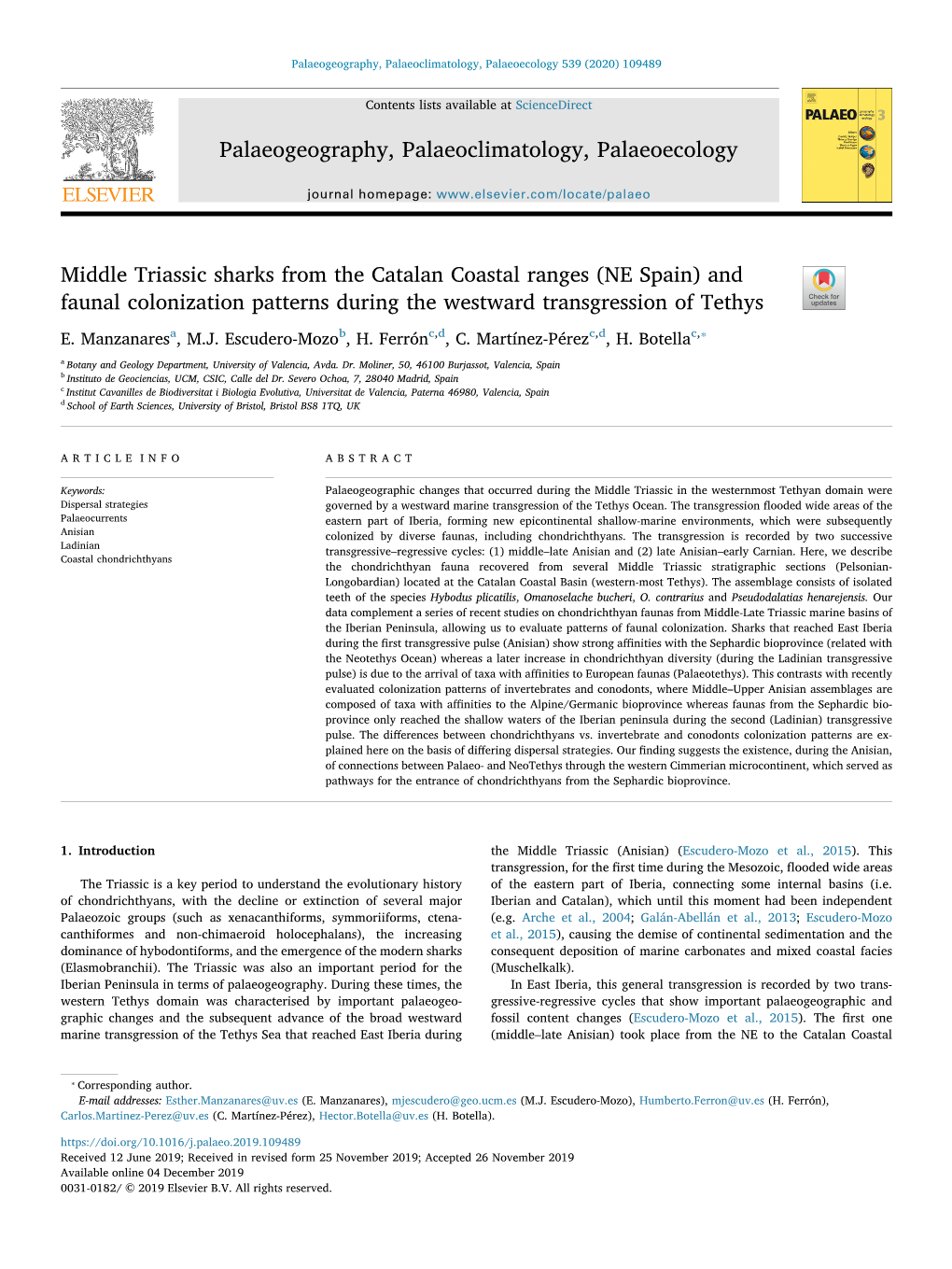 Middle Triassic Sharks from the Catalan Coastal Ranges (NE Spain) and Faunal Colonization Patterns During the Westward Transgression of Tethys T ⁎ E