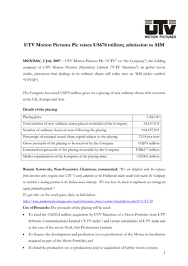 UTV Motion Pictures Plc Raises US$70 Million; Admission to AIM