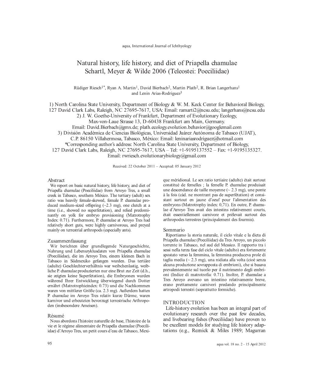 Natural History, Life History, and Diet of Priapella Chamulae Schartl, Meyer & Wilde 2006