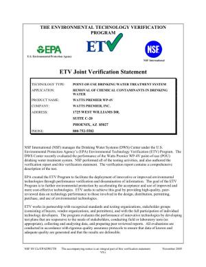US EPA Environmental Technology Verification Statement Removal of Chemical Contaminants in Drinking Water Watts Premier Inc