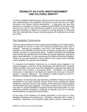 DISABILITY AS a CIVIL RIGHTS MOVEMENT and CULTURAL IDENTITY the Disability Community
