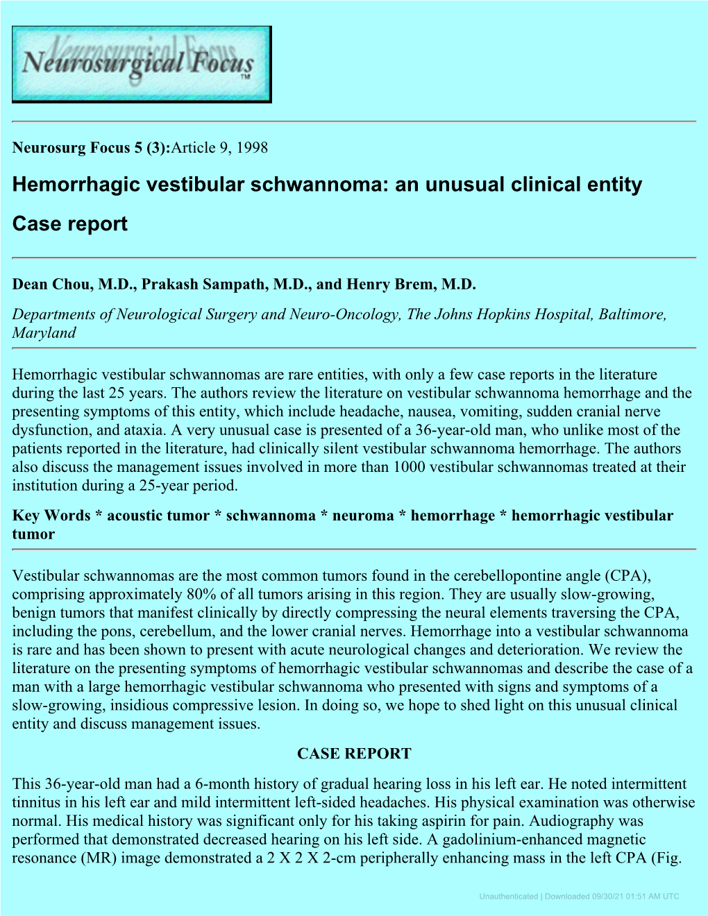 Hemorrhagic Vestibular Schwannoma: an Unusual Clinical Entity Case Report