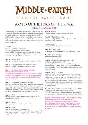 ARMIES of the LORD of the RINGS of Cial Errata, August 2020