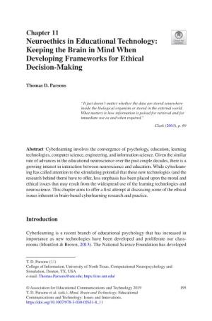 Neuroethics in Educational Technology: Keeping the Brain in Mind When Developing Frameworks for Ethical Decision-Making