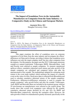 The Impact of Scandalous News in the Automobile Manufacture on Companies from the Same Industry: a Comparative Study on the Chinese and European Markets