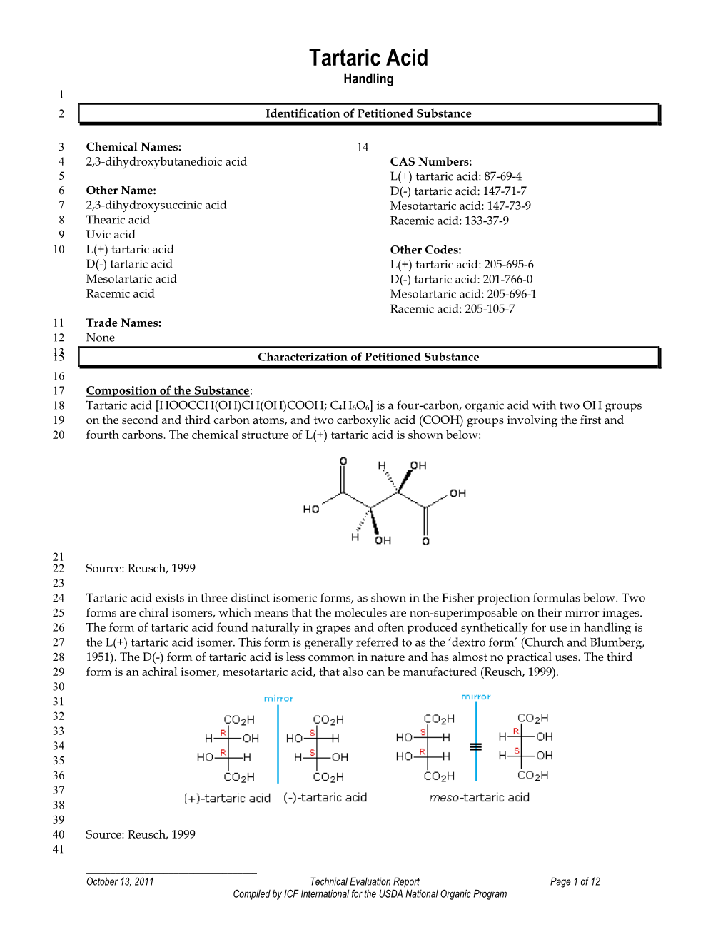 Tartaric Acid Handling 1 2 Identification of Petitioned Substance