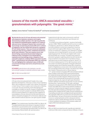 ANCA-Associated Vasculitis – Granulomatosis with Polyangiitis: ‘The Great Mimic’