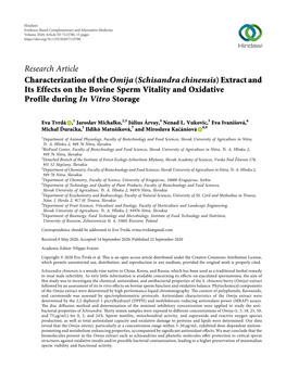 Characterization of the Omija (Schisandra Chinensis) Extract and Its Effects on the Bovine Sperm Vitality and Oxidative Profile During in Vitro Storage