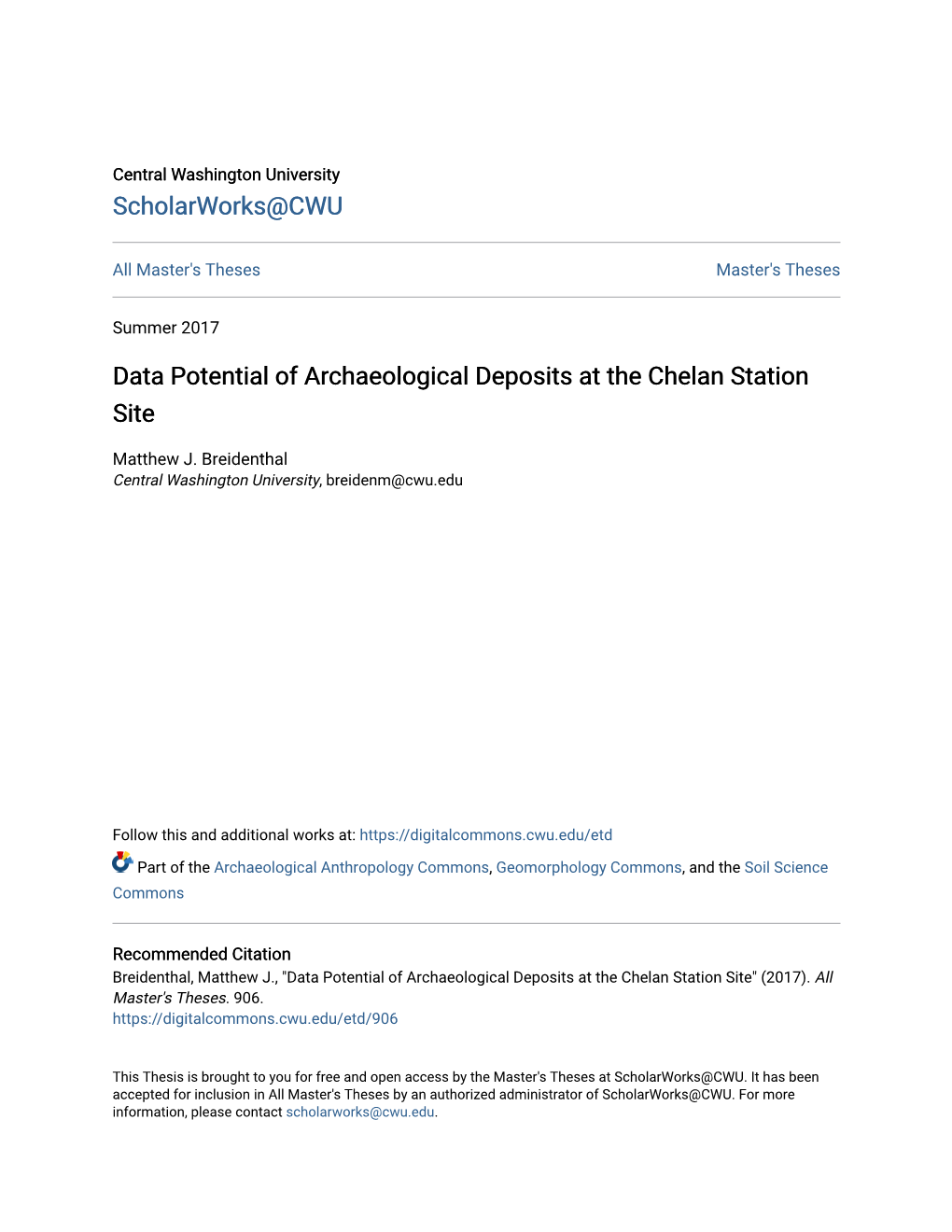 Data Potential of Archaeological Deposits at the Chelan Station Site