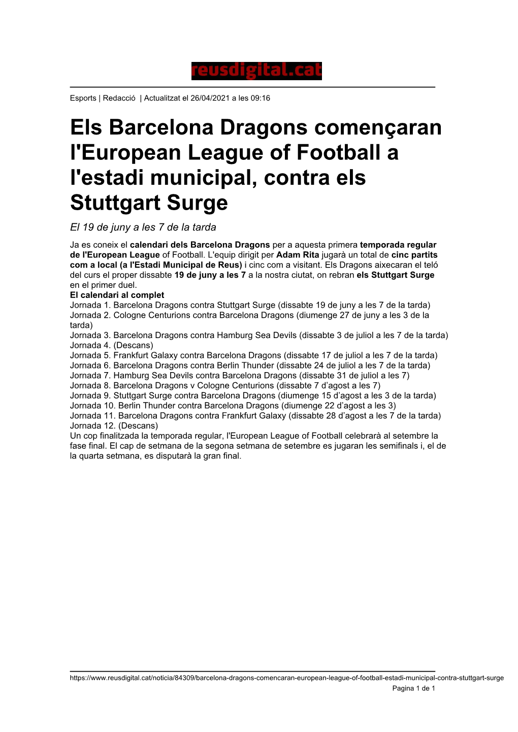 Els Barcelona Dragons Començaran L'european League of Football a L'estadi Municipal, Contra Els Stuttgart Surge