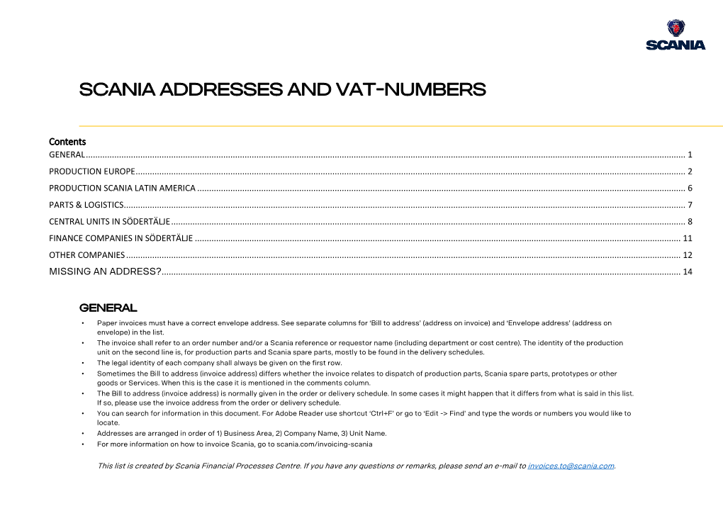 Scania Addresses and VAT-Numbers
