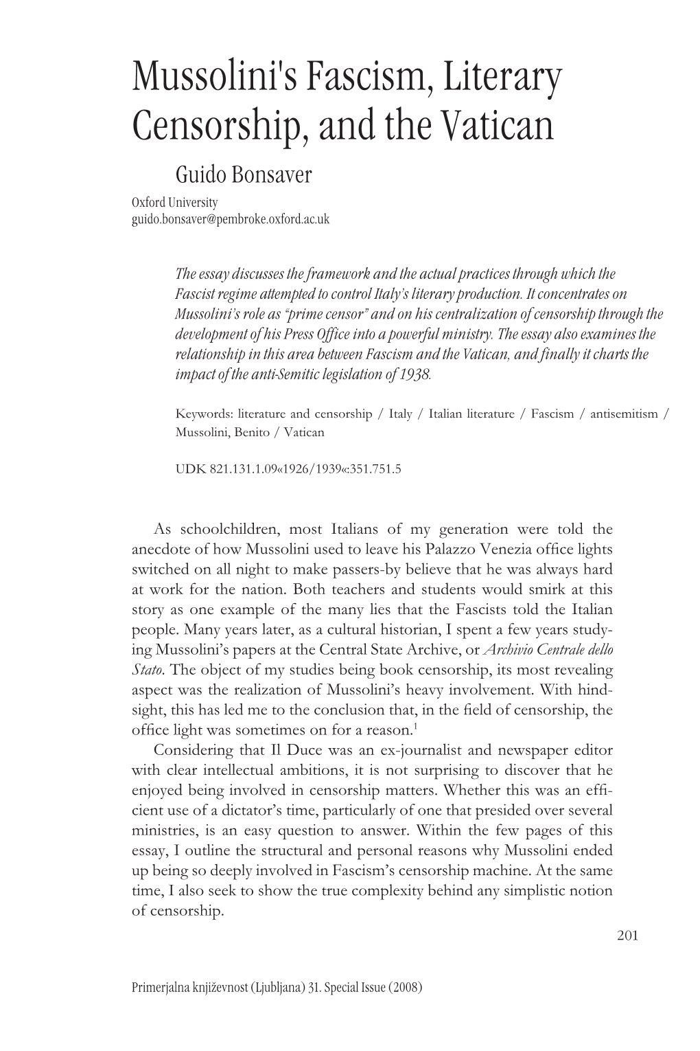 Mussolini's Fascism, Literary Censorship, and the Vatican Guido Bonsaver Oxford University Guido.Bonsaver@Pembroke.Oxford.Ac.Uk